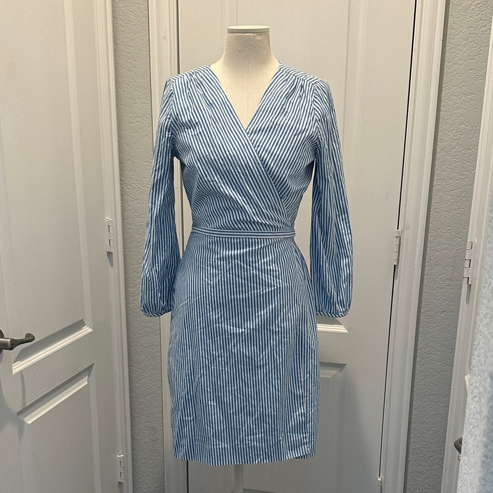 J. Crew Long Sleeve Blue and White Dress